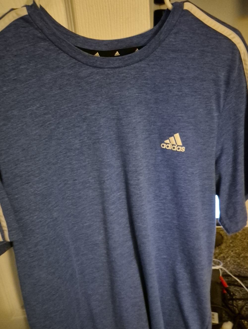 adidas Men’s Blue Heather Short-Sleeve Crew Shirt with White Stripe